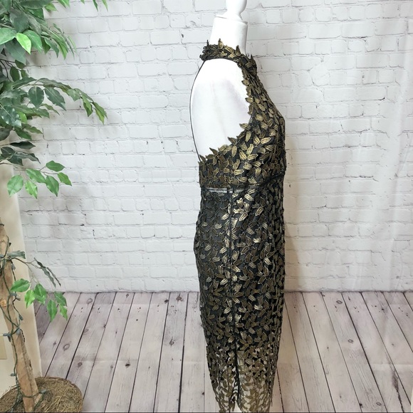 Bardot Black with Gold Leaf Lace Halter Dress 8 - Picture 11 of 14